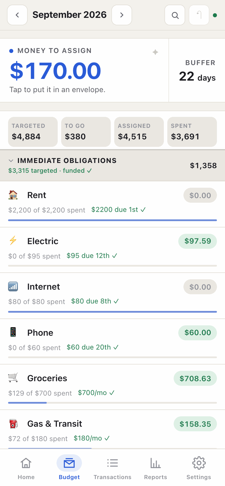 The Budget tab on a phone: money to assign, then each envelope with what was assigned, spent, and left