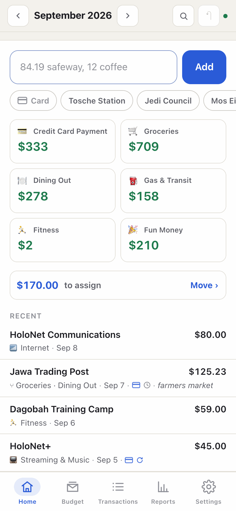 The Home tab on a phone: a box to log spending, the envelopes you spend from most, and recent transactions